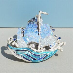 Sailboat Brooch, Blue Crystal Pins, Ocean Brooch, silver brooch